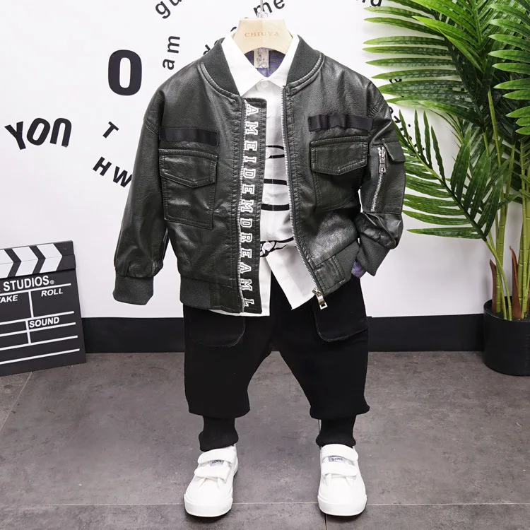 

Kids Leisure Sport Suit Spring autumn Children Boy PU jacket,shirts and jeans 3Pcs/Sets Baby Casual Tracksuit Infant Clothing