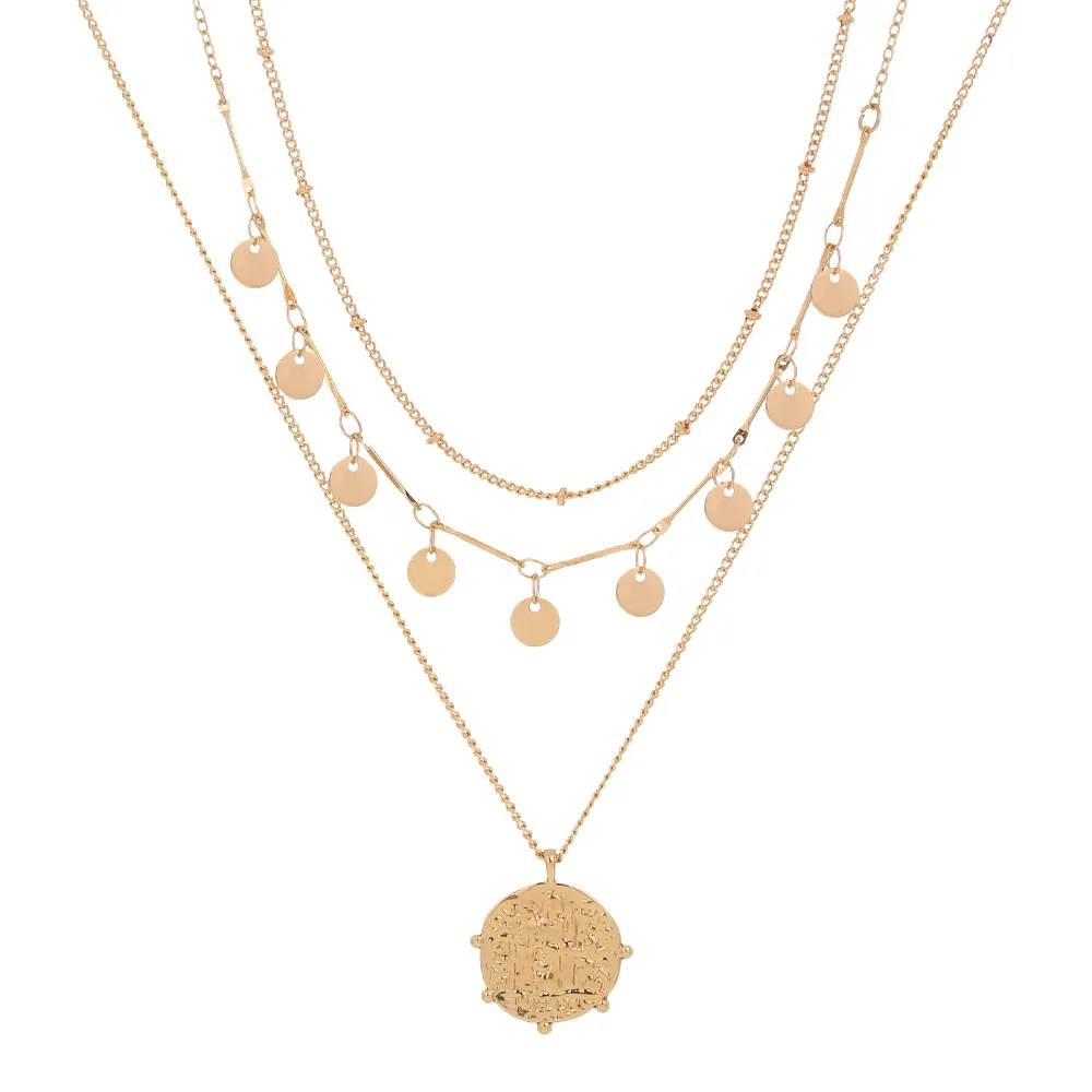 

New Ladies Popular Korean Style Fashion Personality Disc Tassel Retro Roman Portrait Pendant Multi-layer Necklace
