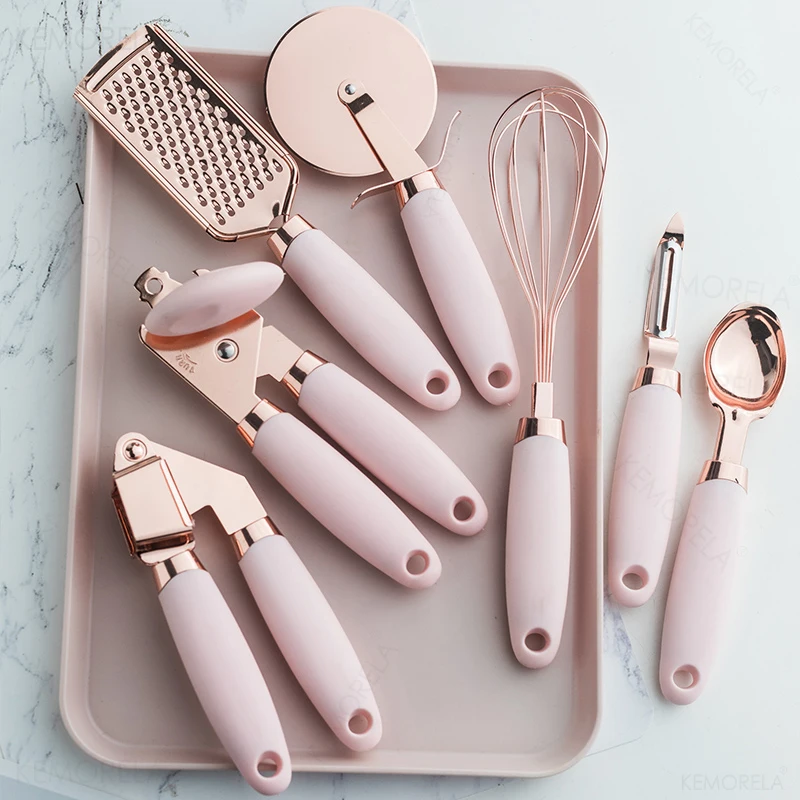 

7PC Rose Gold Garlic Press Pizza Cutter Kitchen Gadget Set Can Opener Potato Cooking High-End Kitchenware Kitchen Accessories