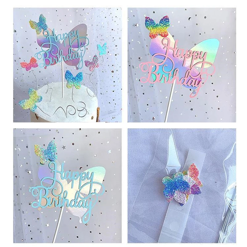 

New Creative Butterfly Happy Birthday Cake Topper Gradient Color Non-woven Cupcake Topper For Birthday Party Baking Decoration