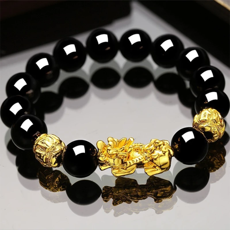 Модный браслет со счастливым имитацией обсидиана животное пиксиу золотой цвет