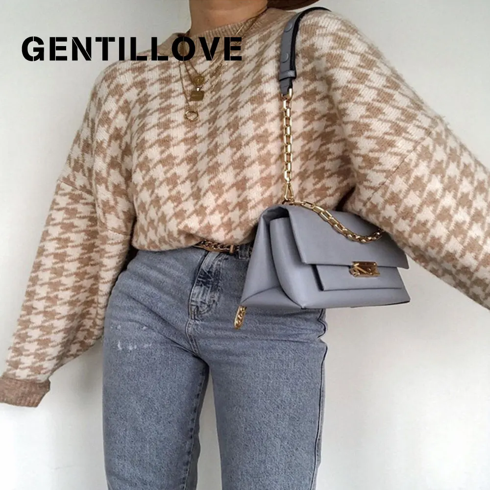 

Винтажный Свитер оверсайз с рисунком «гусиные лапки», повседневный винтажный клетчатый Свободный вязаный свитер, уличная одежда, джемперы ...