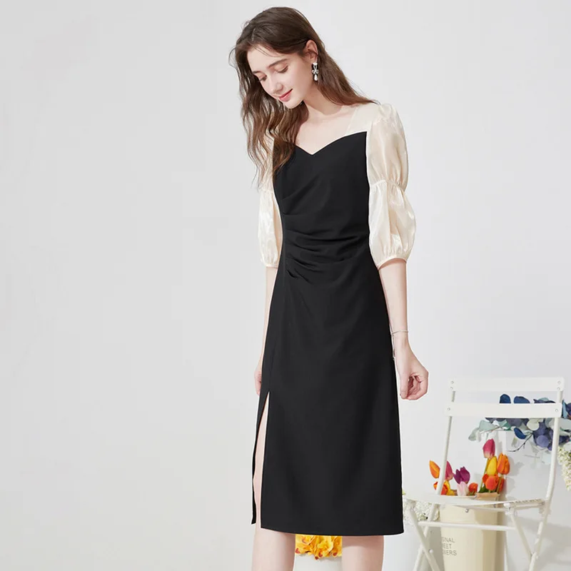 

Summer Dress Female Patchwork Casual Women's Dresses Short Sleeve Ladies Clothing Split Sexy Dress Women's Mid-Length Dress