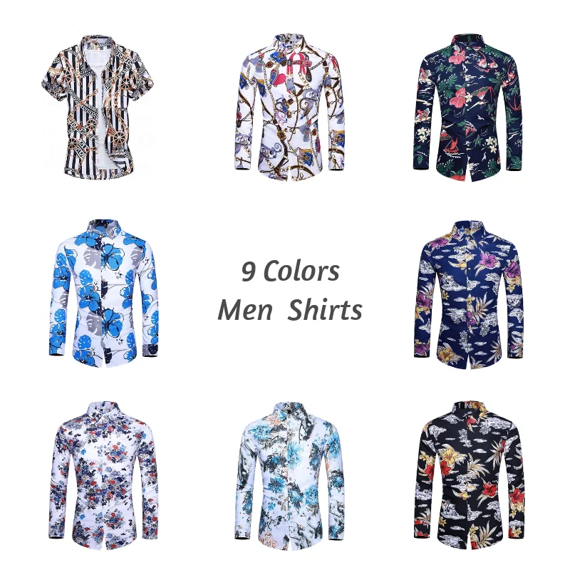 

ZUZK 9Colors Casuals Shirt Men New Personality Printing Long Sleeve Shirts Mens Fashion Big Size Flower Shirt M-7XL