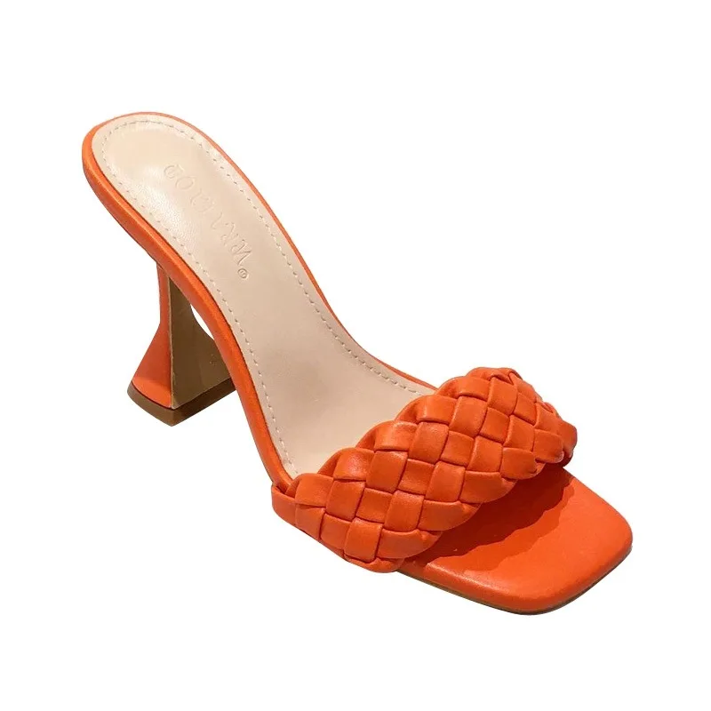 

New fashion knitting square head dual purpose wine glass heel sandals large high heel sandals