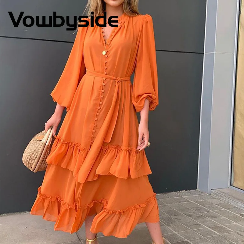

Ruffles Frill Hem Lantern Sleeve Button Front Dress