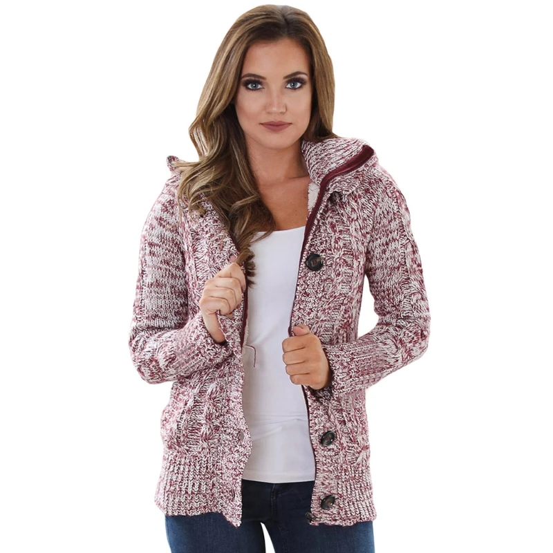 

Women Hooded Cable Knit Cardigan Zipper Button Warm Plush Lining Sweater Coat