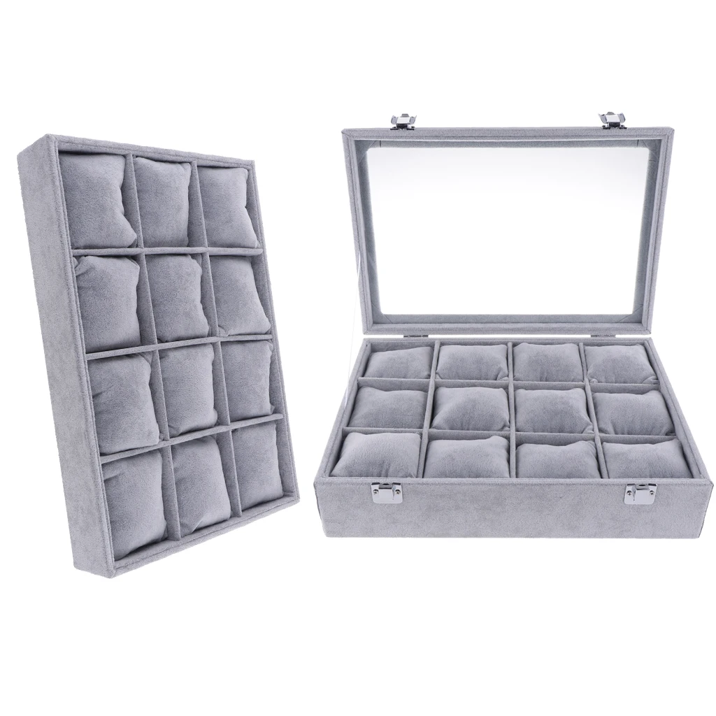 

MagiDeal Soft Velvet Home Shop Organizer Box 12 Slots Cushion for Bangle Watch Holder 35X24cm