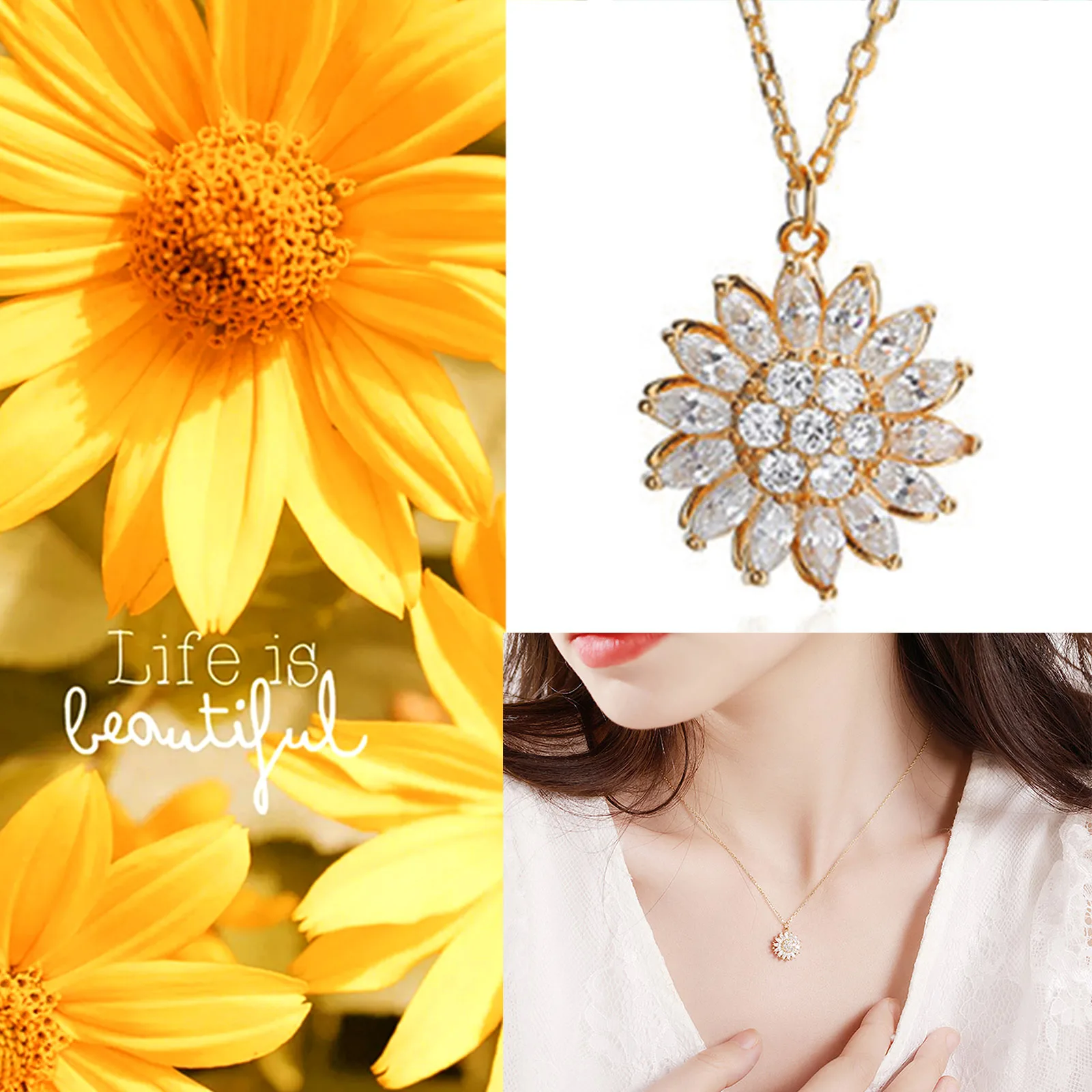 

Rotatable Sunflower Necklace 925 Sterling Silver Zircon Crystal Women Necklace Luxury Clavicle Chain XR-Hot
