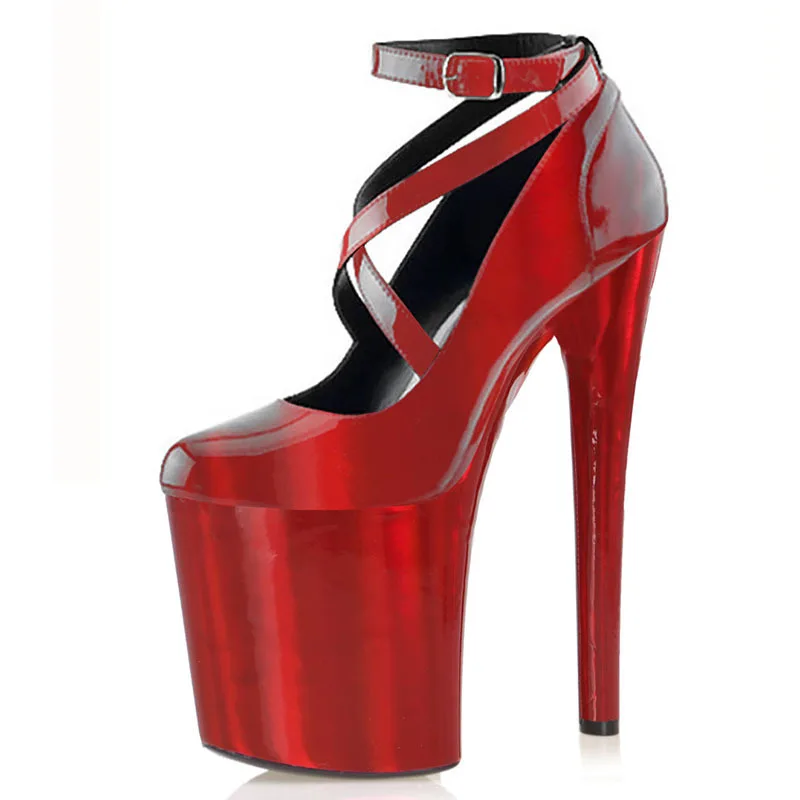 

Hot Red Party Dress Shallow Women's Pumps 20CM Super High heeled shoes Sexy Fetish 8 inches Buckle strap Laser Patent leather