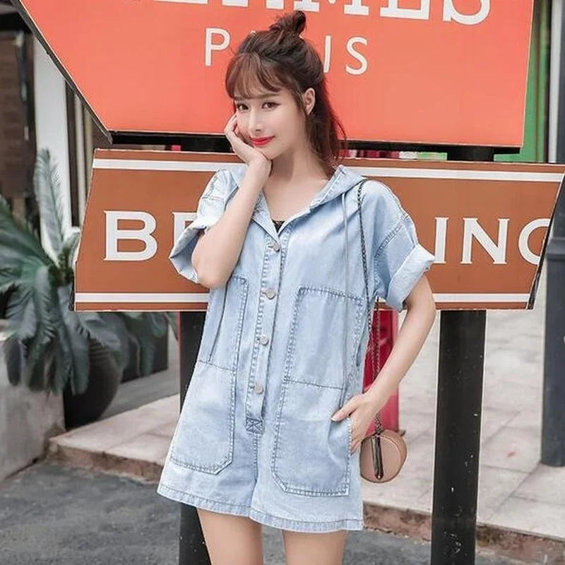 

Plus Size Denim Jumpsuit Women 2021 Summer New Short-sleeve Hooded Korean Loose Thin High-waisted Wide-leg Shorts Rompers Y473