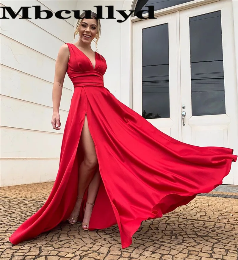 

Mbcullyd Red Satin Prom Dresses Long 2020 Leg Split Evening Party Dress For Women Cheap Plus Size Vestidos de fiesta de noche