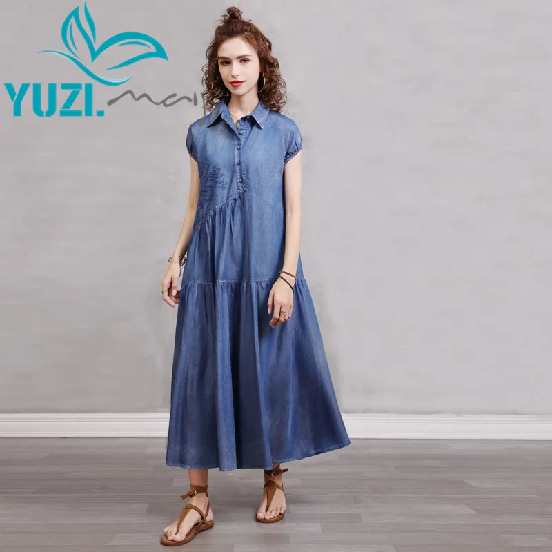 Women‘s Summer Dress 2021 Yuzi.may Boho New Denim Woman Dresses Turn-down Collar Vintage Embroidery Loose Vestidos A82330