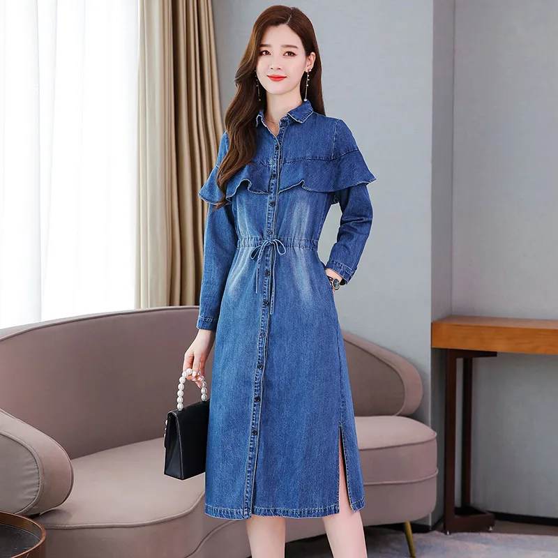Женское джинсовое платье-кардиган облегающее однобортное повседневное платье с