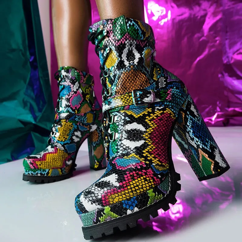 Женские ботильоны из змеиной кожи зимние ботинки на платформе и высоком каблуке