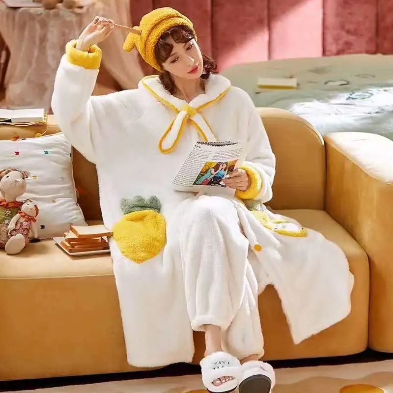 Winter Warm Coral Fleece Pajamas Set Women Thick 2 Piece/Set Long Sleeves Trousers Pyjamas Suit  Soft Nightwear