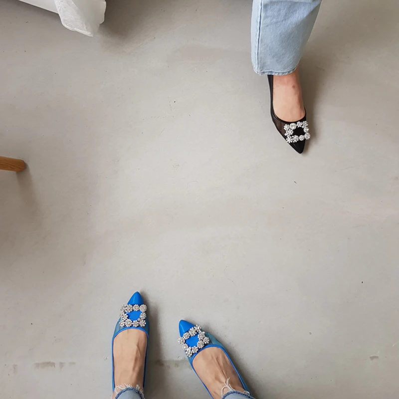 

Rhinestone Net Yarn Flat Shoes Blue/black Pointed Toe Fashion Ladies Loafers Size 33-46