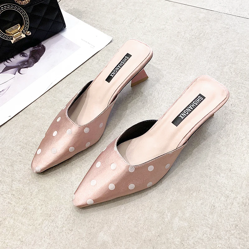 

Brand 2019 Fashion Mules Polka Dot Women High Heels for Women Pointed Toe Slip on Flip Flops Women Slippers A175
