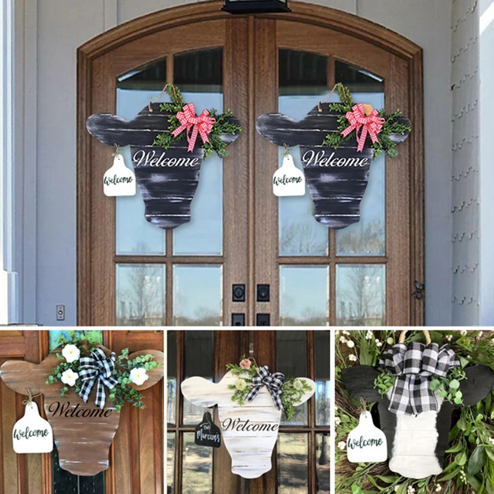 

Cow Head Door Hanger with Ear Welcome Pendant Animal Door Signs Home Door Decoration Hanging Welcome Sign