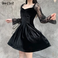 insdoit goth lace patchwork black dress gothic lolita high waist a line dress vintage elegant lace up mini dress party outfits