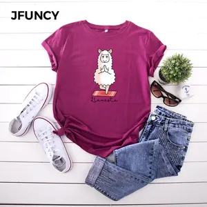 JFUNCY 4XL 5XL размера плюс, повседневная женская футболка, хлопковые Забавные футболки с принтом, летние милые футболки с коротким рукавом и круглым вырезом