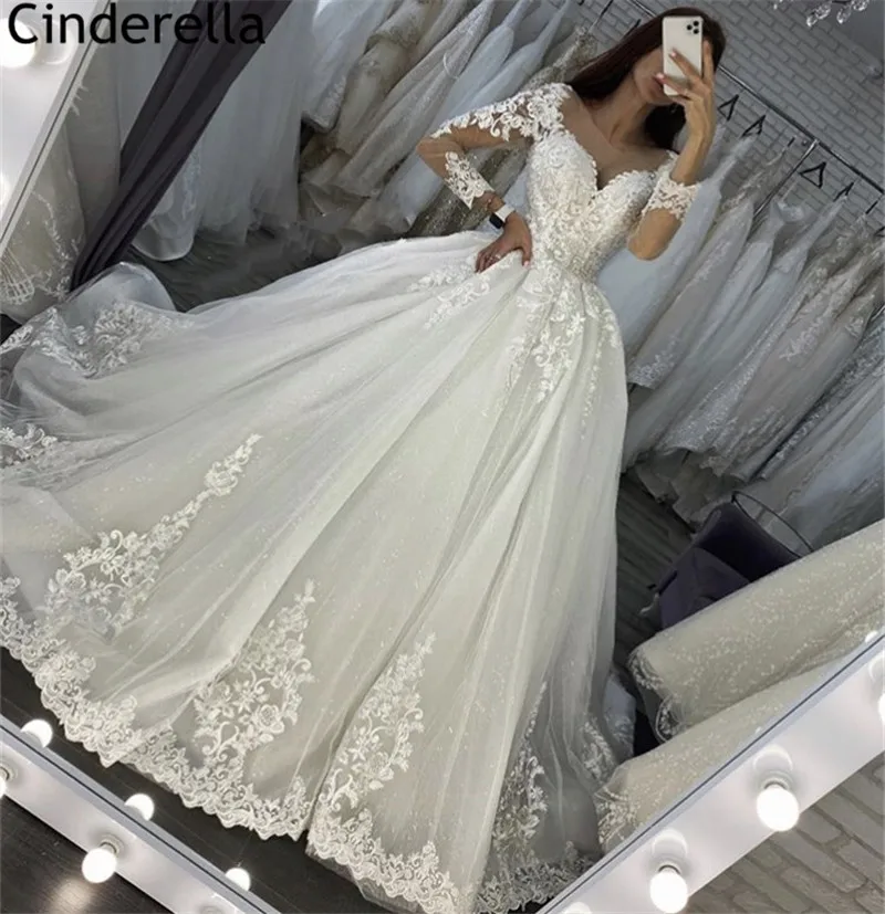 

Luxury Wedding Dresses Scoop Long Sleeves Court Train Soft Tulle Lace Crystal Wedding Dresses With Lace Up Back vestido de noiva