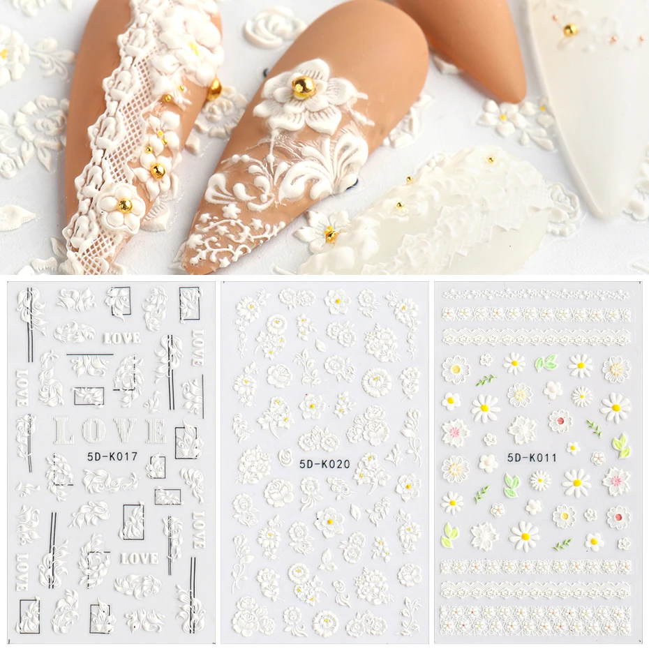 

1Sheet White Embossed Flower Lace 5D Sticker Decal Wedding Nail Art Designs Floral Butterfly Japanese Manicure Decor JI5D-K-1