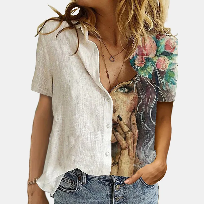 

2021 Vintage Print Button Up Shirt Turn Down Collar Casual Blouse Shirt Short Sleeve Summer Women Top Lady Office Plus Size