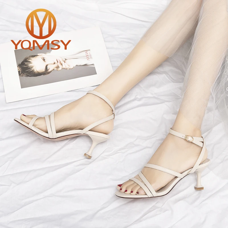 

YQMSY Fashion Women Sandals Handmade Genuine Leather Thin Heels Open toe Buckle Strap Shoes Narrow Band Party Women's Shoes AS03