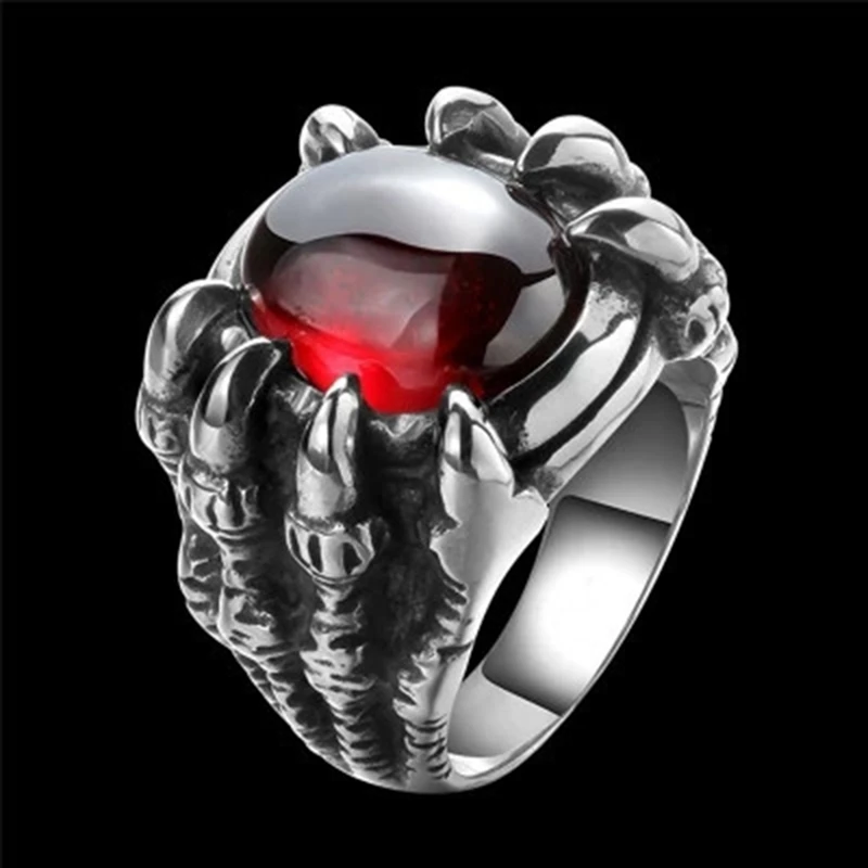 Retro Punk Goth Big Dragon Claw Black Red Stone Men's Ring Gothic Punk Men Big Stone Ring Red CZ Crystal Cool Boy Party Gift images - 6