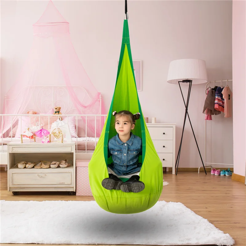

Kids Pod Swing Seat 100% Cotton Hammock Chair Portable Decor Home Space Saving Indoor Outdoor Use with PVC Inflatable Cushion
