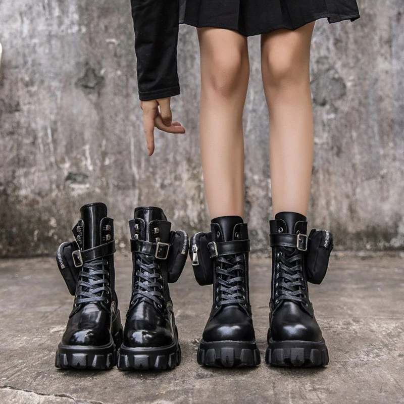 

New Fashion Autumn Winter Women Mid-Calf Bootie Storage Pocket Buckle Strap Motorcycle Boots Shiny Leather Flat Platform Boots