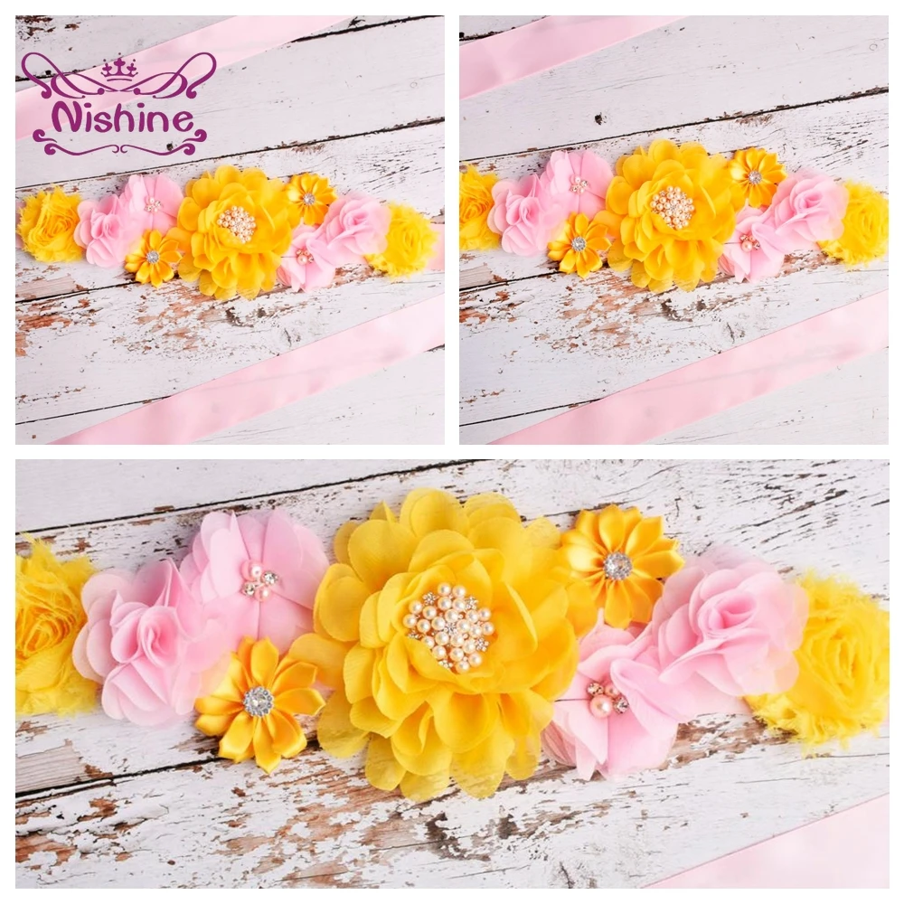 

Women Elegant Yellow Polygonal Flowers Waistband Shining Pearls Rhinestone Floral Maternity Belt Bridesmaid Dress Accessories