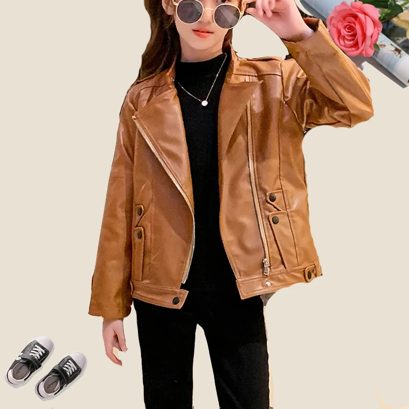 

Autumn Baby Girls PU Jacket for Kids Leather Coat for Children 2021 New Spring Girls Outerwear Fashion Kids Clothes for 8-14Y