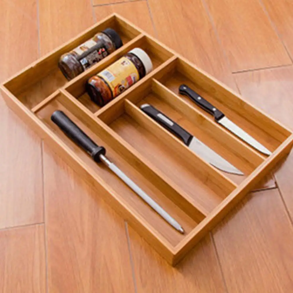 Bamboo Drawer Organizer Wooden Utensil Flatware Holder Kitchen Drawer Storage Box 6 Grid Cutlery Storage Box Household Organizer