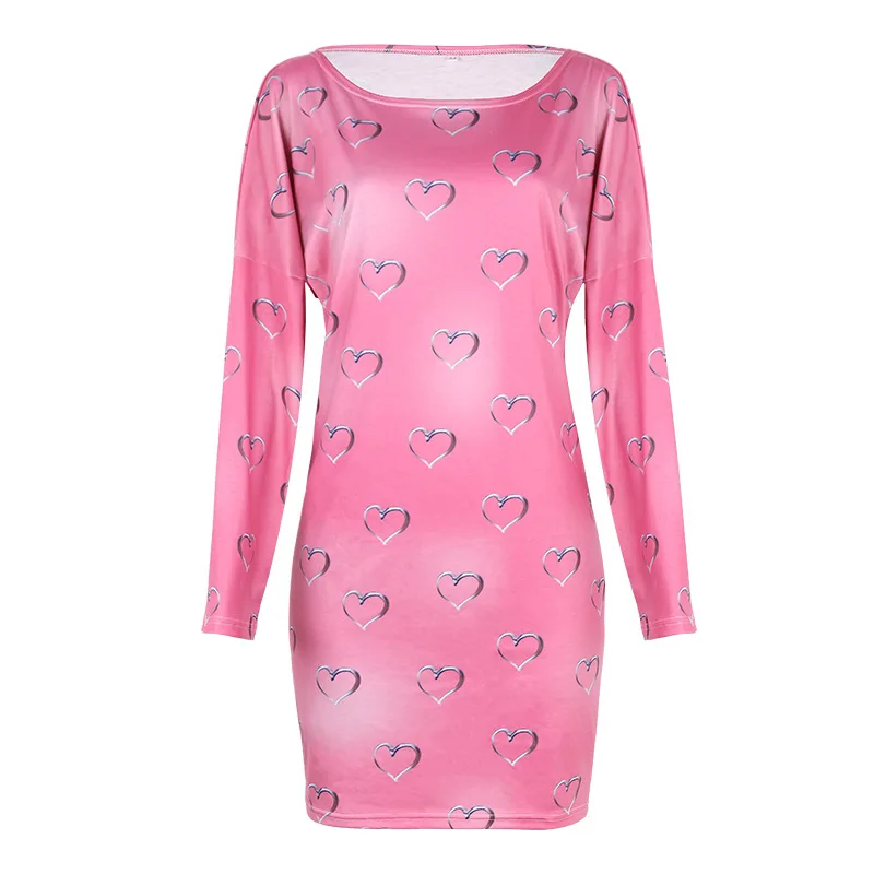 

Spot Spring And Summer New European And American Love Printing Long Sleeve Casual Dress Om9617