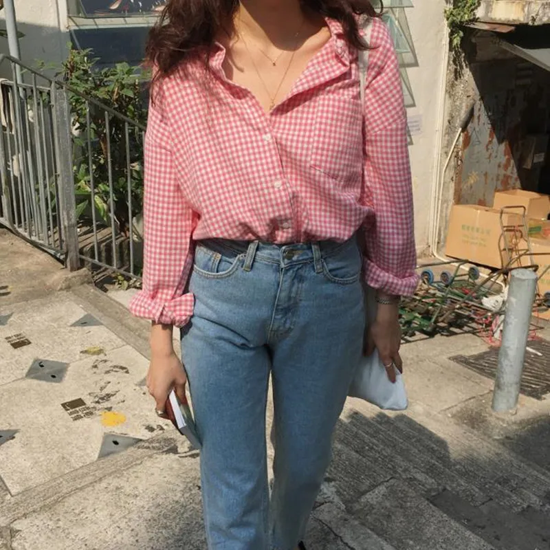 

Comelsexy 2020 New Summer Blouses Loose Lapel Single-breasted Office Lady Long Sleeve Tops OL Elegant Plaid Shirt Women Blusas