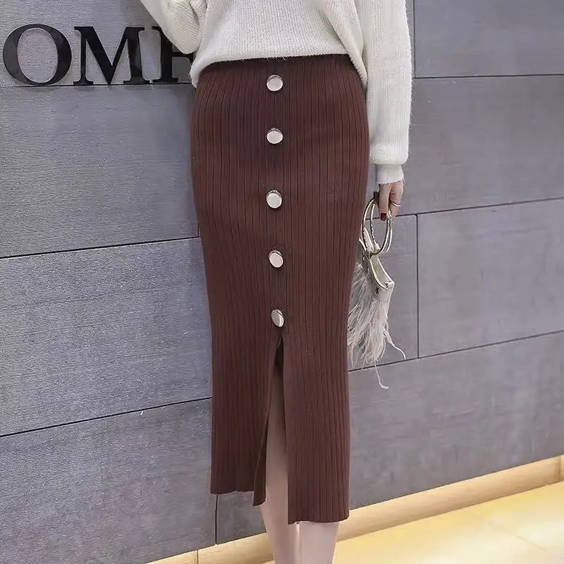 Женская Осенняя трикотажная юбка с высокой талией теплая элегантная вязаная в