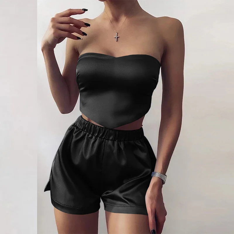 

hirigin Women Elegant Solid Strapless Tops + Short Pants Home Wear Sexy Ladies Backless Two Piece Set Summer Casual Female Suits