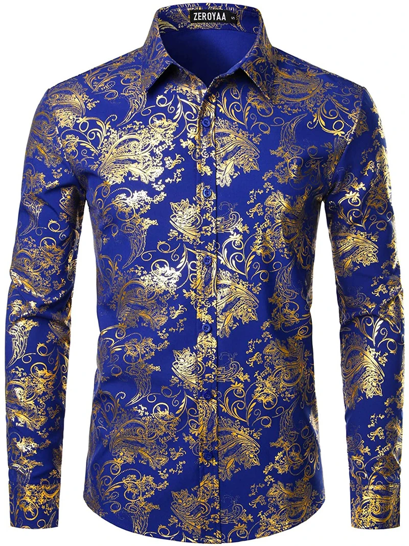 Mens Luxury Paisley Floral Gold Shiny Print Shirts Camisas Stylish Slim Long Sleeve Dress Shirt for Party Prom Show Men Clothing