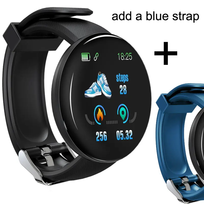 And a blue strap D18 Смарт-часы трекер сна сердечного ритма Tracke Смарт-часы для мужчин кровяное давление спортивные Смарт-часы кислород крови спортивные часы - Цвет: And a blue strap