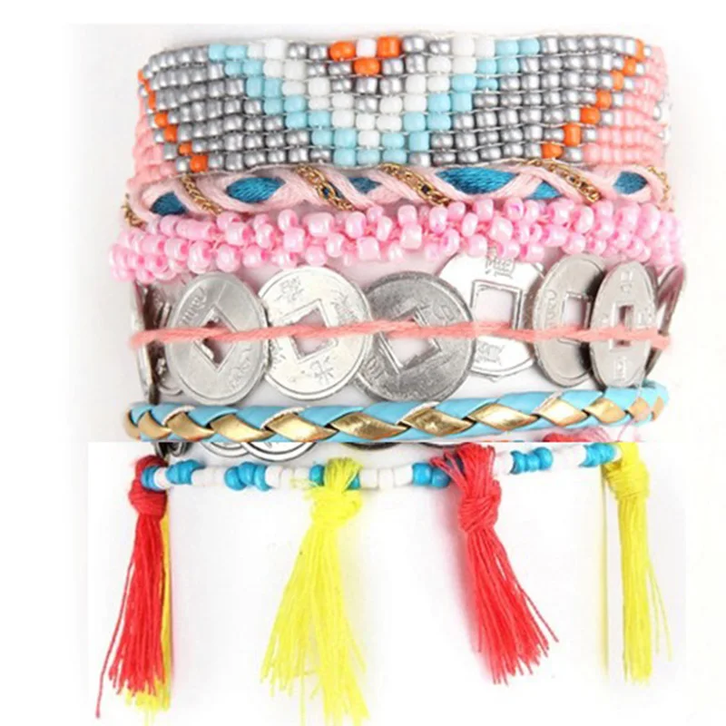 

Handmade Woven Ethnic Friendship Bracelet Bohemian Multicolor Knitted Mini Beads Tassel Magnetic Wrap Bangle Women Color Jewelry