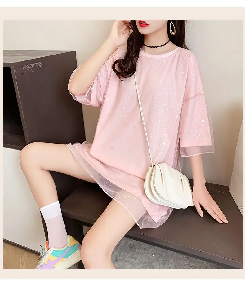 

Shiny Mesh Stitching Fake Two Pieces Short Sleeve T-shirt for Women 2021 Summer New Loose Top Clothes