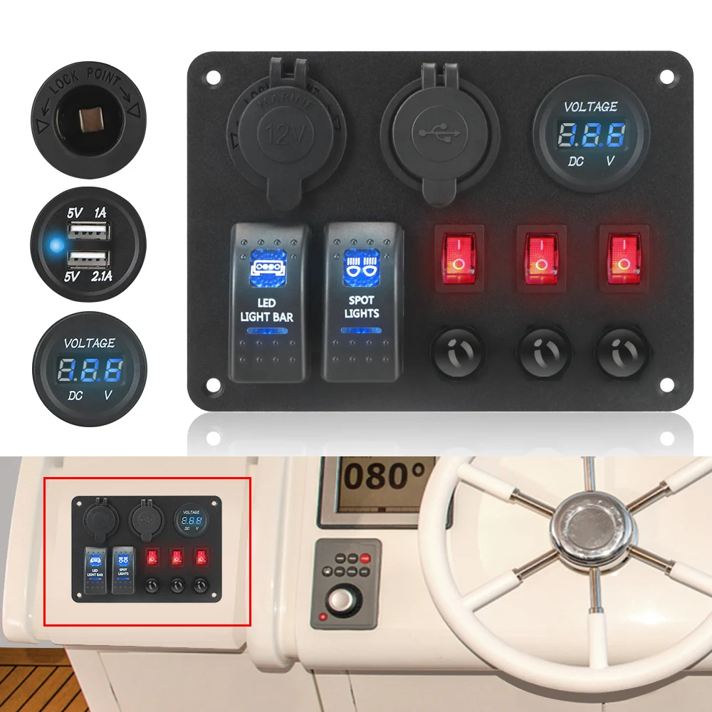 

2+3 Gang Rocker Switch Panel Dual USB Ports Digital Voltmeter with Overload Protector Car Marine RV Circuit LED Breaker