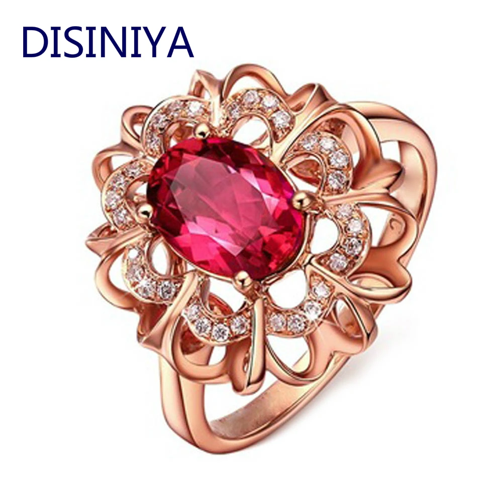 Женское кольцо с цветком DISINIYA Золотое красного цвета кубическим камнем