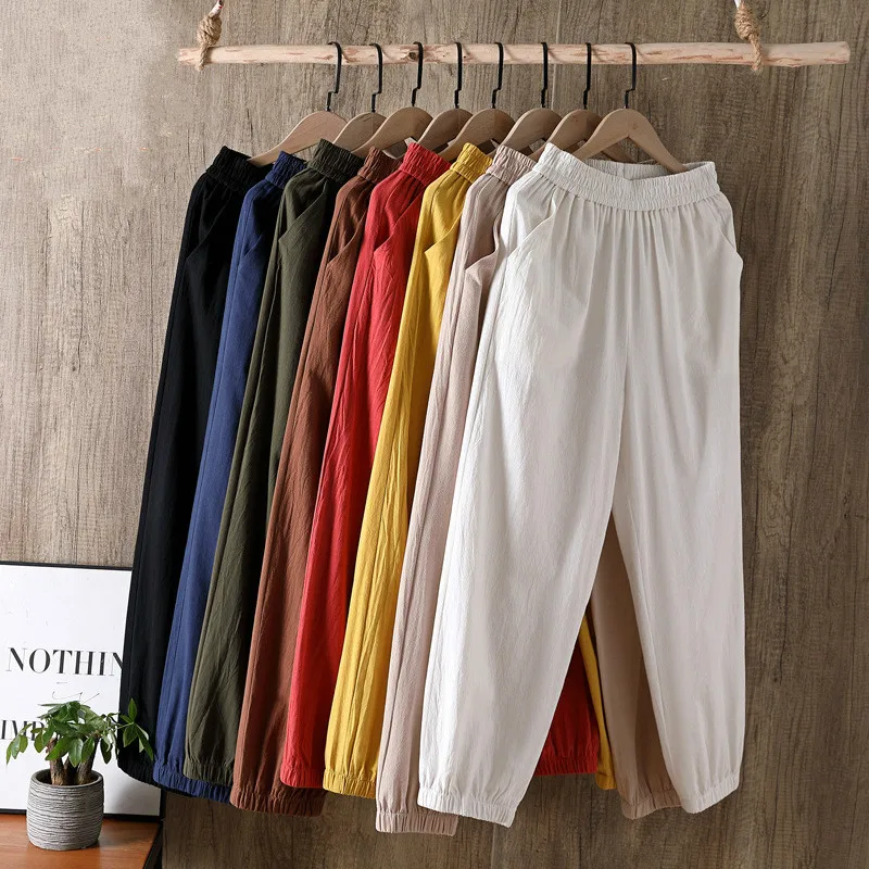 

Summer Woman Cotton Linen Pants Elastic Waist Solid Harem Pants Ankle-length Capris Trousers Bloomer Pencil Pants