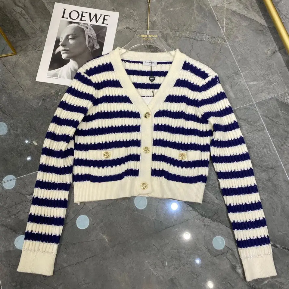 

Classic stripe temperament fashion V-neck show thin cardigan short coat