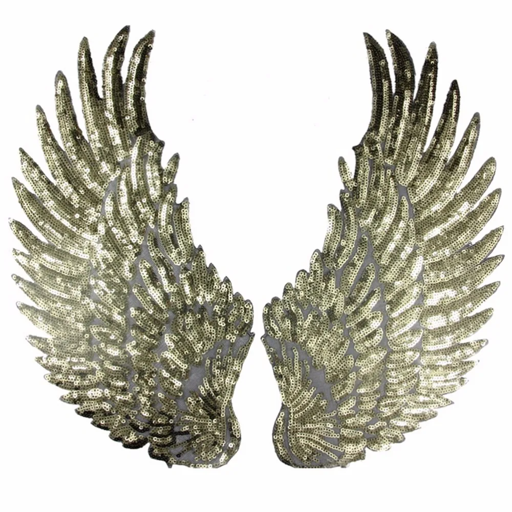Sequins Patch DIY Angel Wings Patches For Kids Clothes Sew-on Embroidered Patch Motif Applique 1Pair Gold Silver Colors