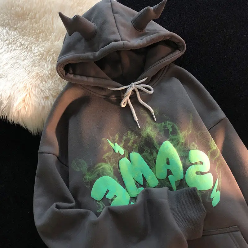 

hiphop horn hoodies women autumn and winter loose tide ins lazy wind plus velvet thick design niche sweashirt