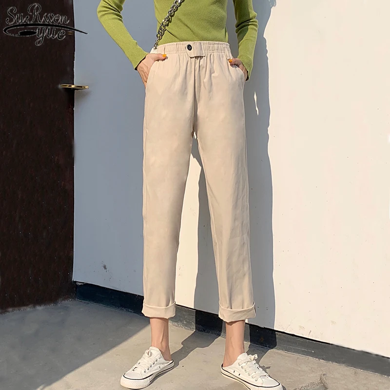 

Cotton Solid Harem Pants Casual Loose Women Pants 2021 Autumn Office Lady Trousers Pleated Capri Winter Clothes Women 10426
